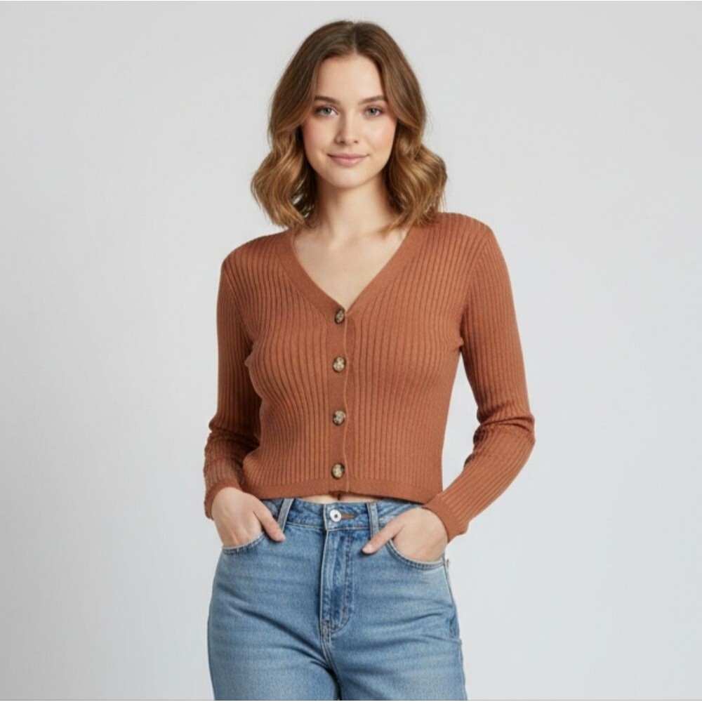 Coco & Shay Women's Burnt Orange Ribbed Button-Up Long Sleeve Cardigan Small 🐈